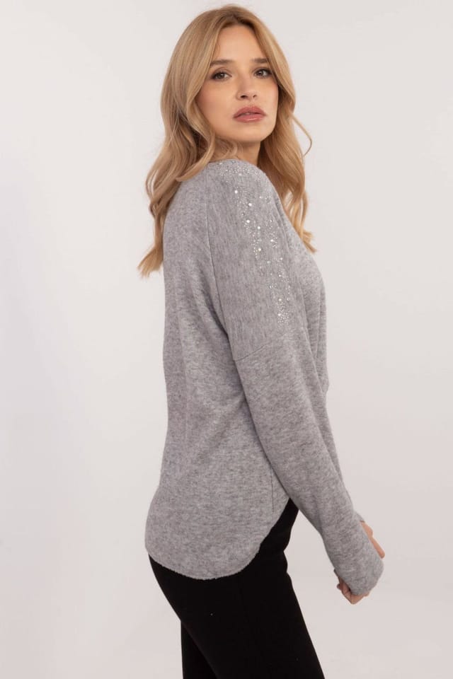 Love Lace Love Lace Women's Elegant Rhinestone Shoulder Viscose Sweater in Grey - 3