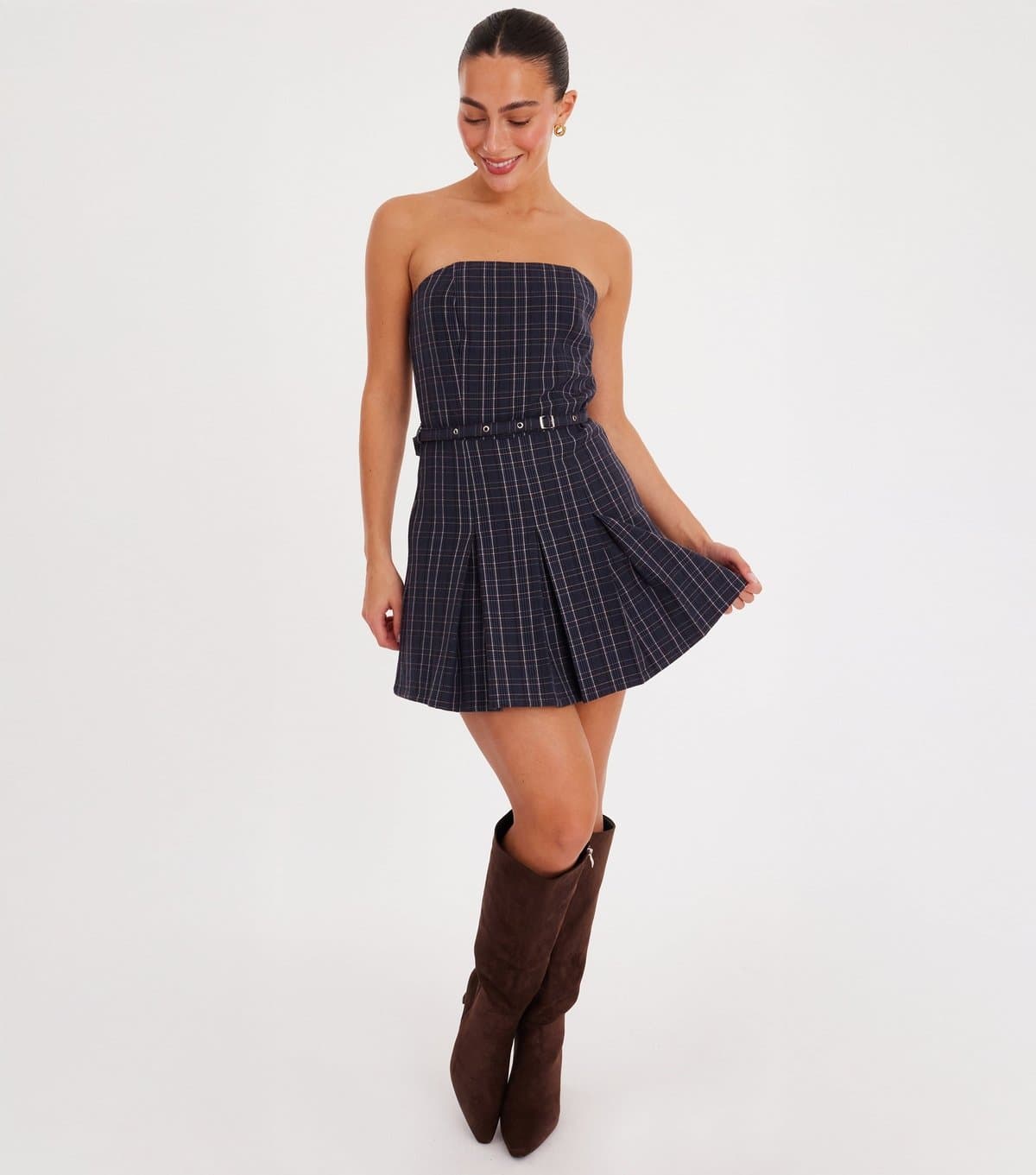 Quiz Women's Dark Blue Woven Check Mini Dress Quiz New Look
