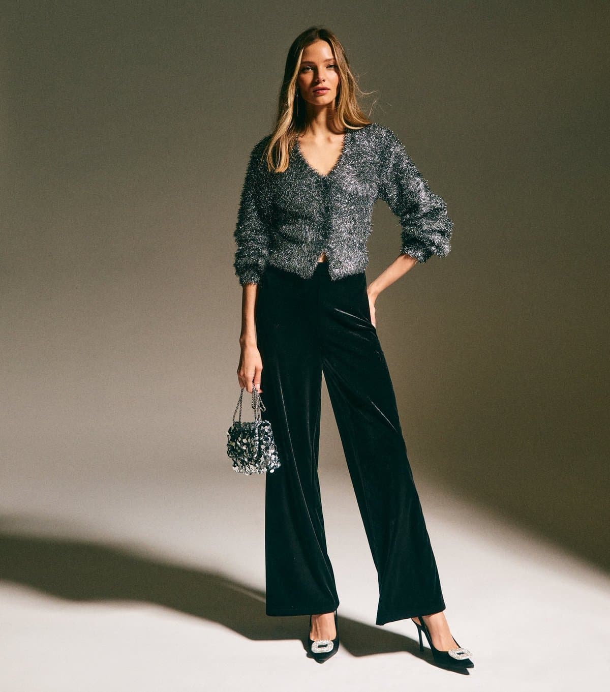 New Look Women's Dark Grey Sparkle Knit V-Neck Cardigan New Look