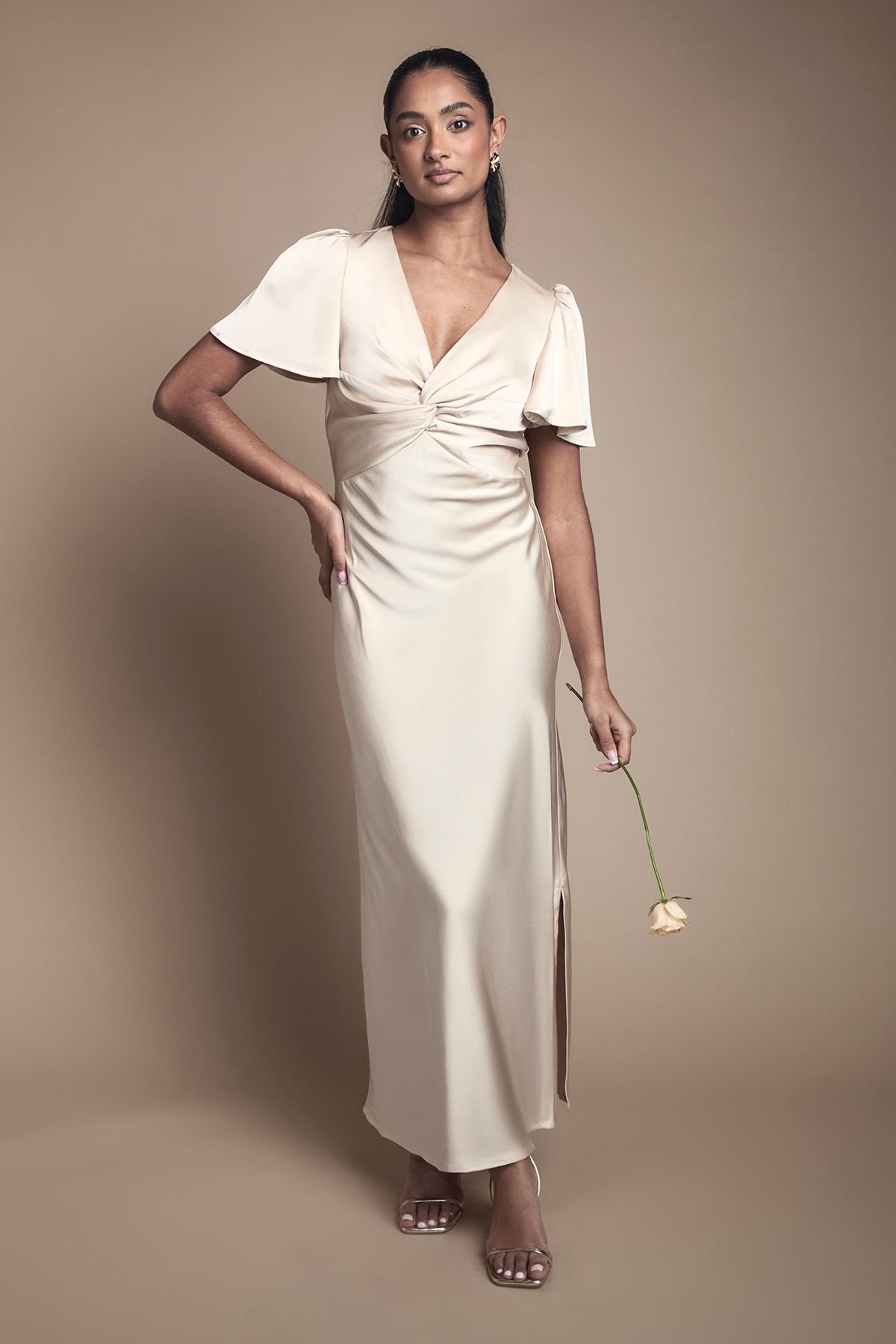 Oasis Oasis Women's Satin Twist Front Angel Sleeve Midi Bridesmaid Dress in Champagne - 2