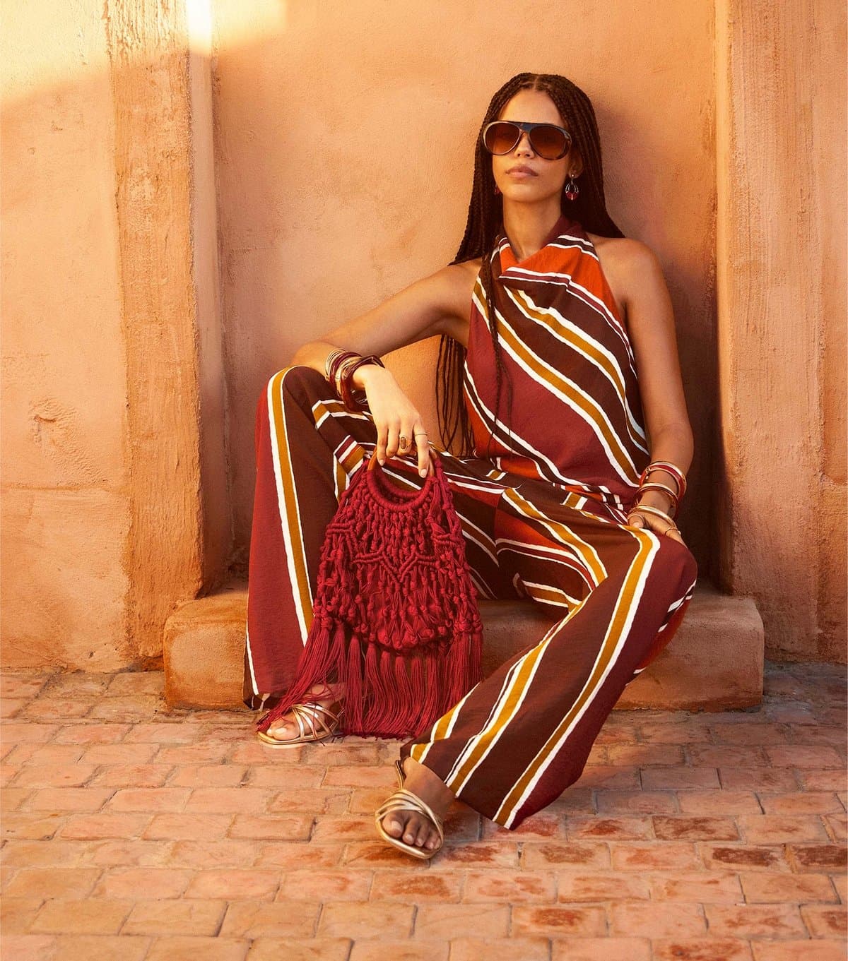 New Look Women's Brown Diagonal Stripe Cowl Neck Asymmetric Top New Look