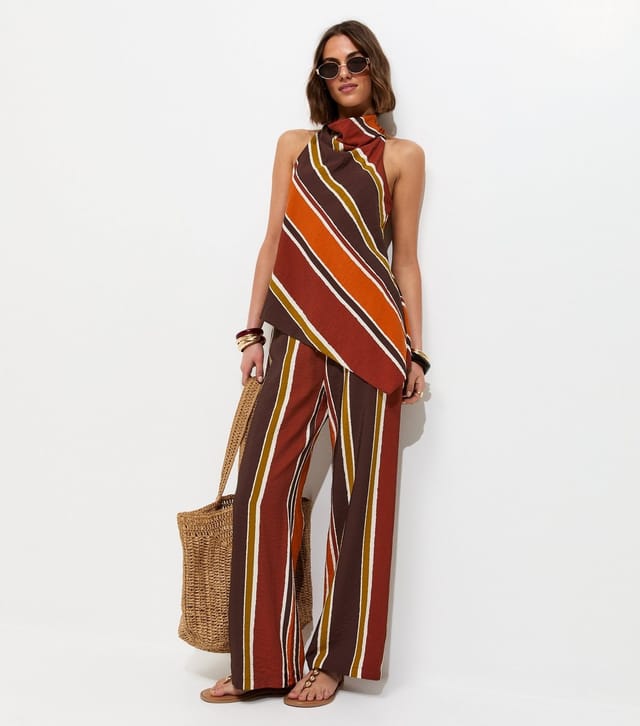 New Look Women's Brown Diagonal Stripe Cowl Neck Asymmetric Top New Look - 2
