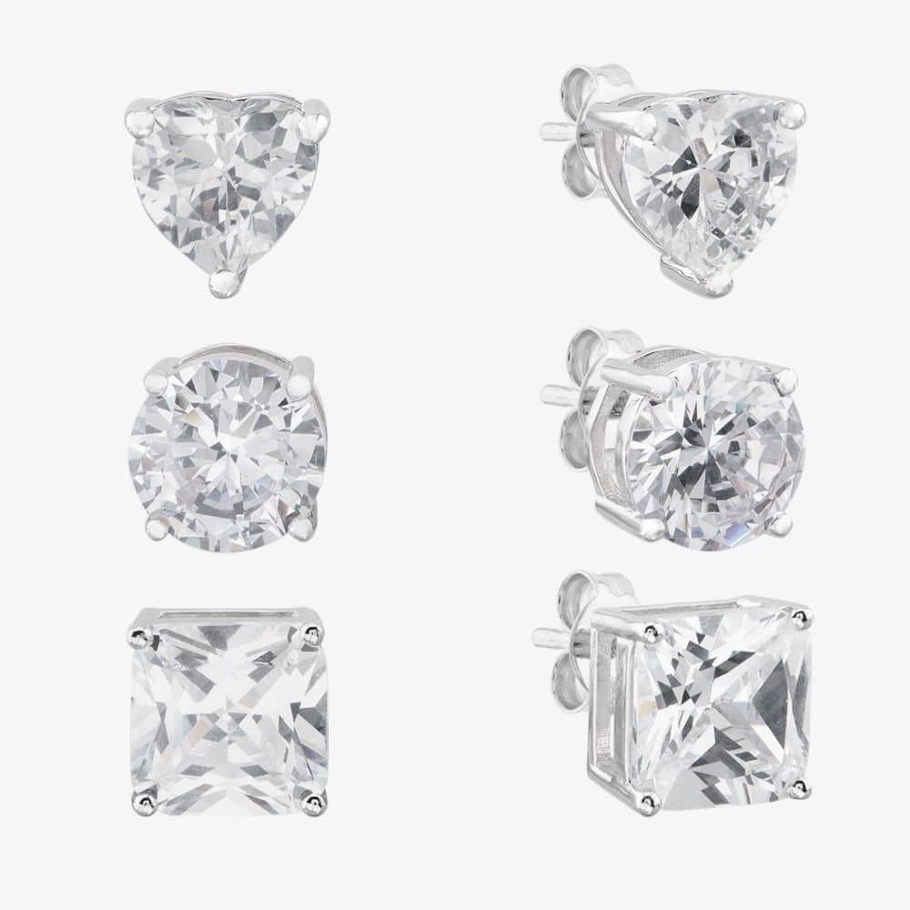 T.H.Baker T.H.Baker Women's Silver CZ Heart Round Square Set of Three Stud Earrings OJS0036