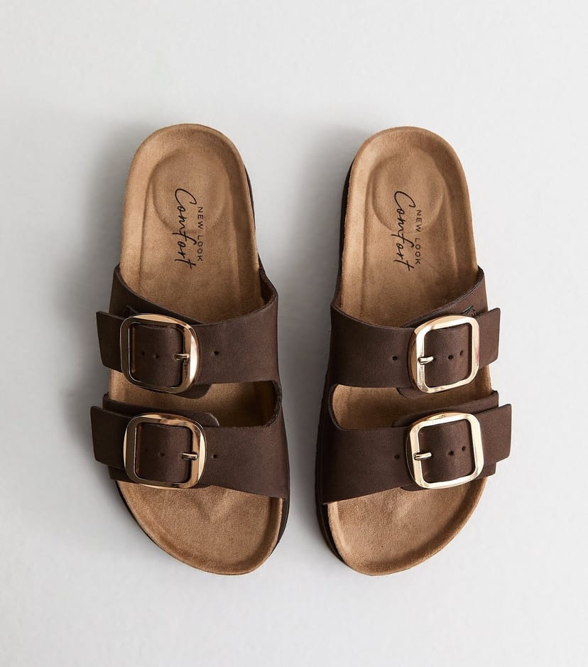 New Look Women's Brown Cork Sole Double Strap Mule Sandals Vegan New Look - 1