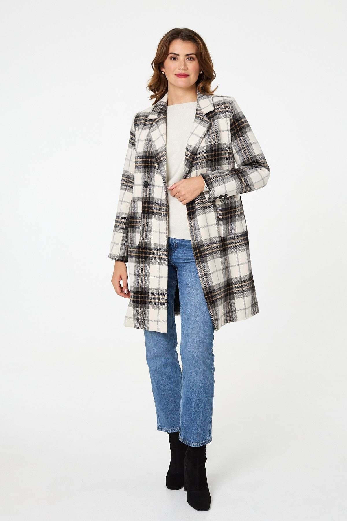 Izabel London Izabel London Women's Checked Double Breasted Longline Coat in Beige