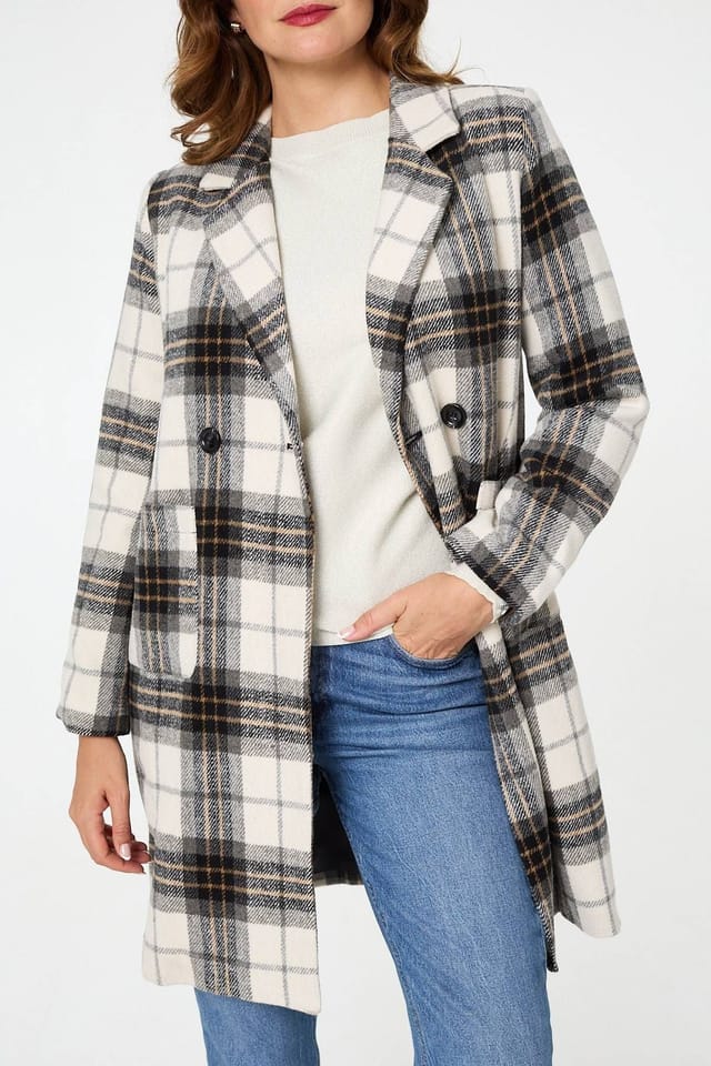 Izabel London Izabel London Women's Checked Double Breasted Longline Coat in Beige - 2