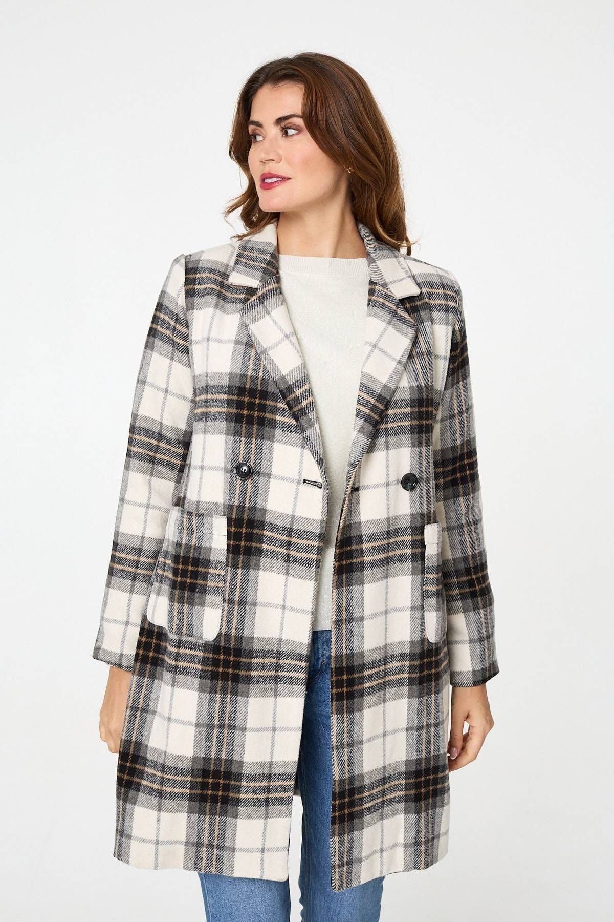 Izabel London Izabel London Women's Checked Double Breasted Longline Coat in Beige - 4