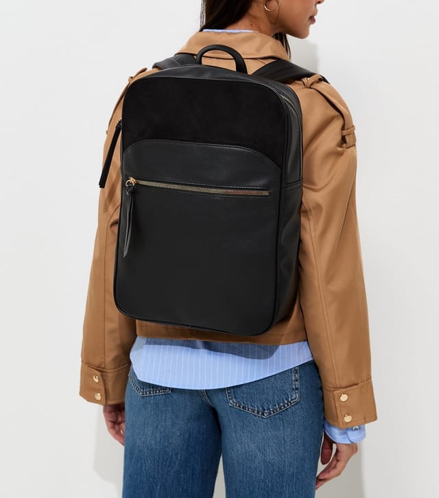 New Look Black Faux Leather Rectangle Zip Pocket Backpack Vegan New Look - 2