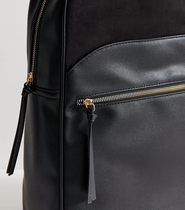 New Look Black Faux Leather Rectangle Zip Pocket Backpack Vegan New Look - 3