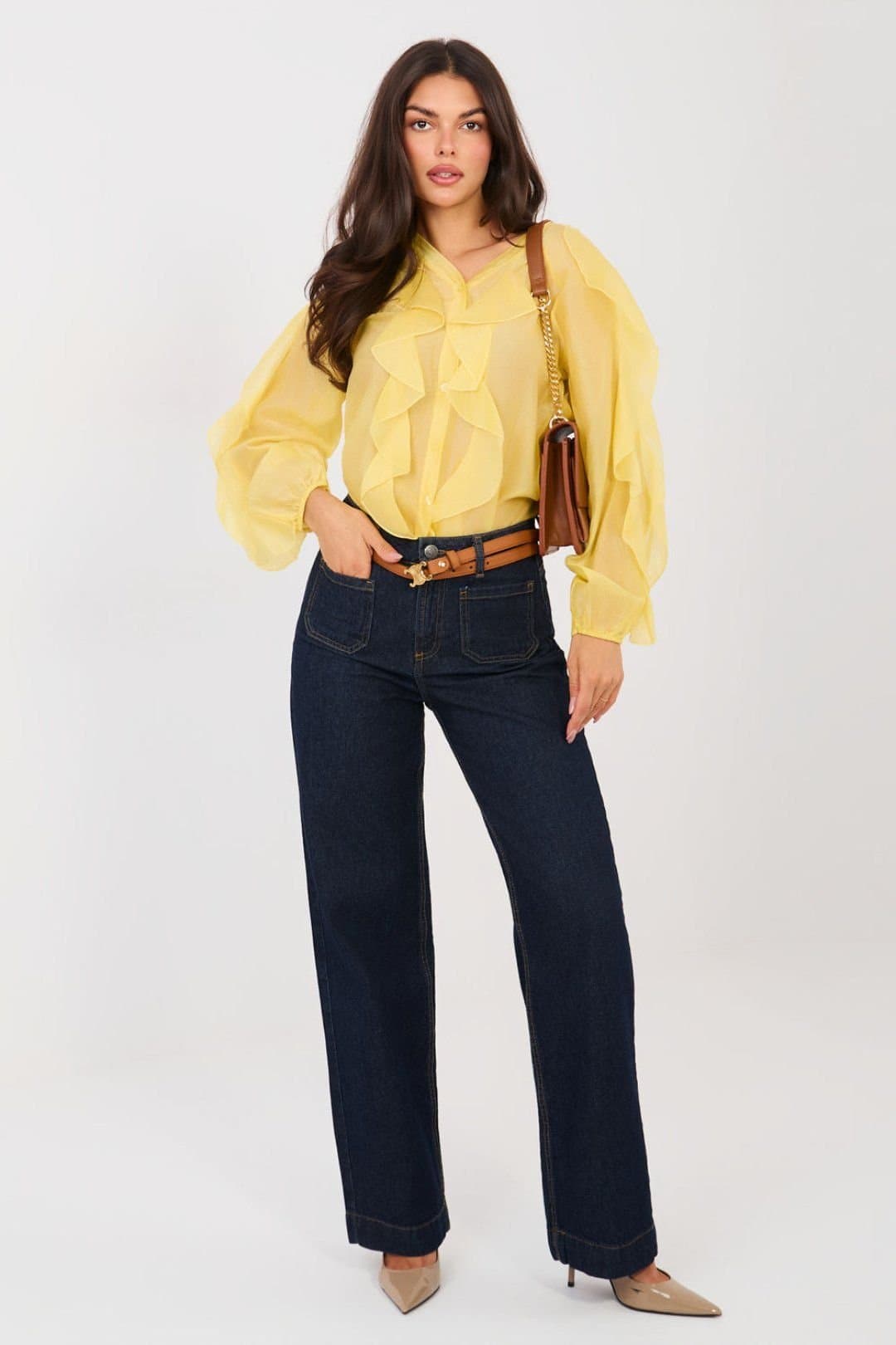 Love Lace Love Lace Women's Tencel V Neck Ruffle Long Sleeve Shirt in Yellow