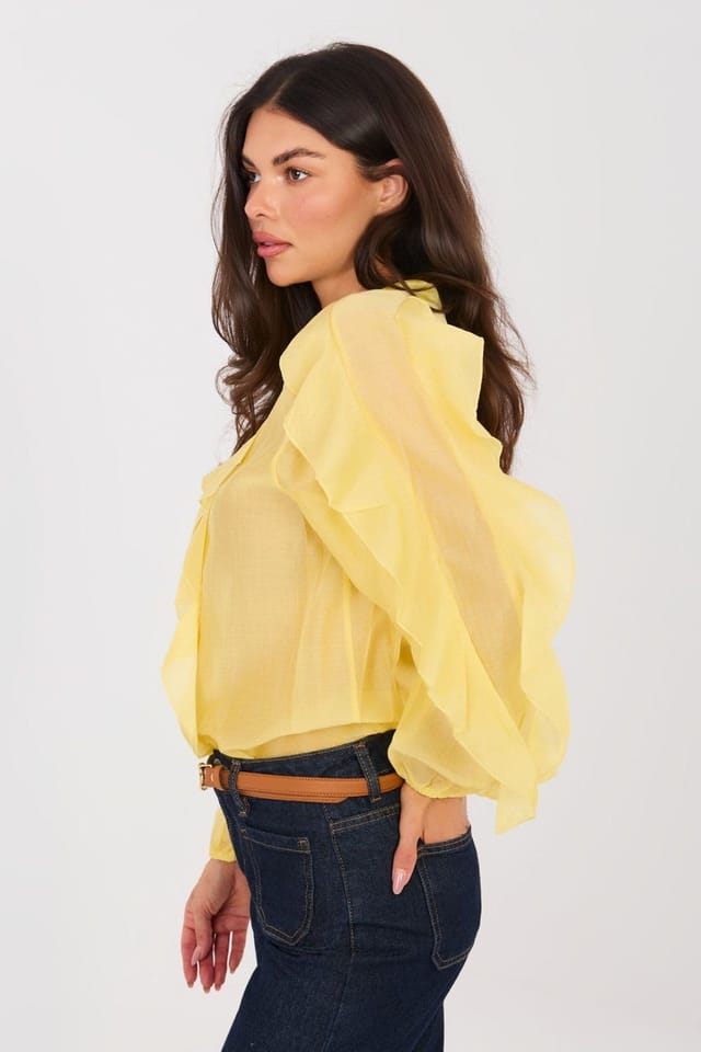 Love Lace Love Lace Women's Tencel V Neck Ruffle Long Sleeve Shirt in Yellow - 2