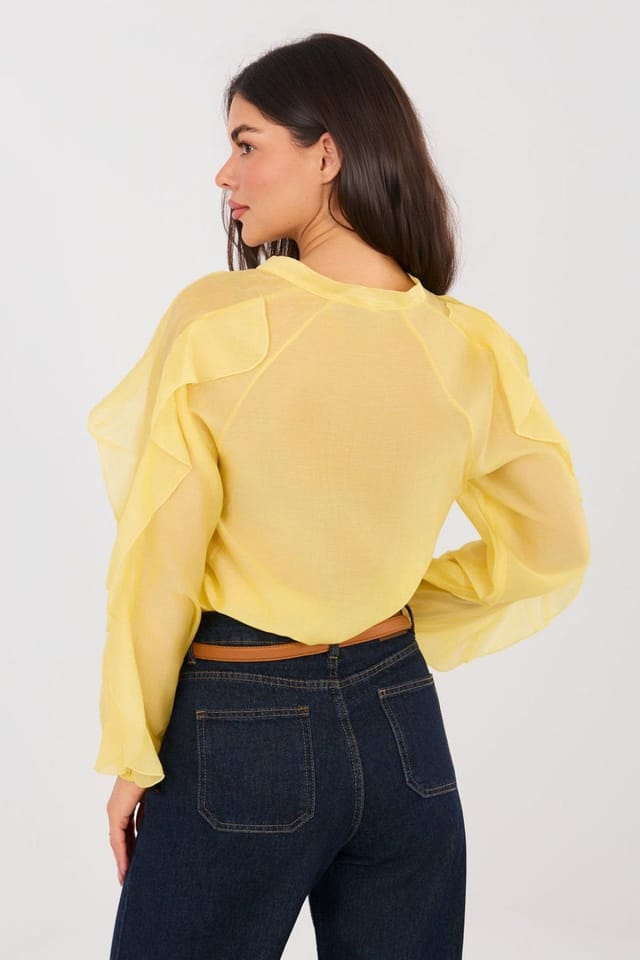 Love Lace Love Lace Women's Tencel V Neck Ruffle Long Sleeve Shirt in Yellow - 3