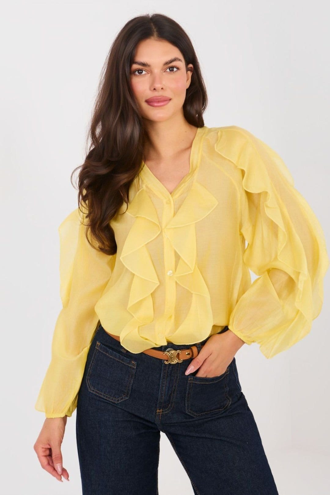 Love Lace Love Lace Women's Tencel V Neck Ruffle Long Sleeve Shirt in Yellow - 4