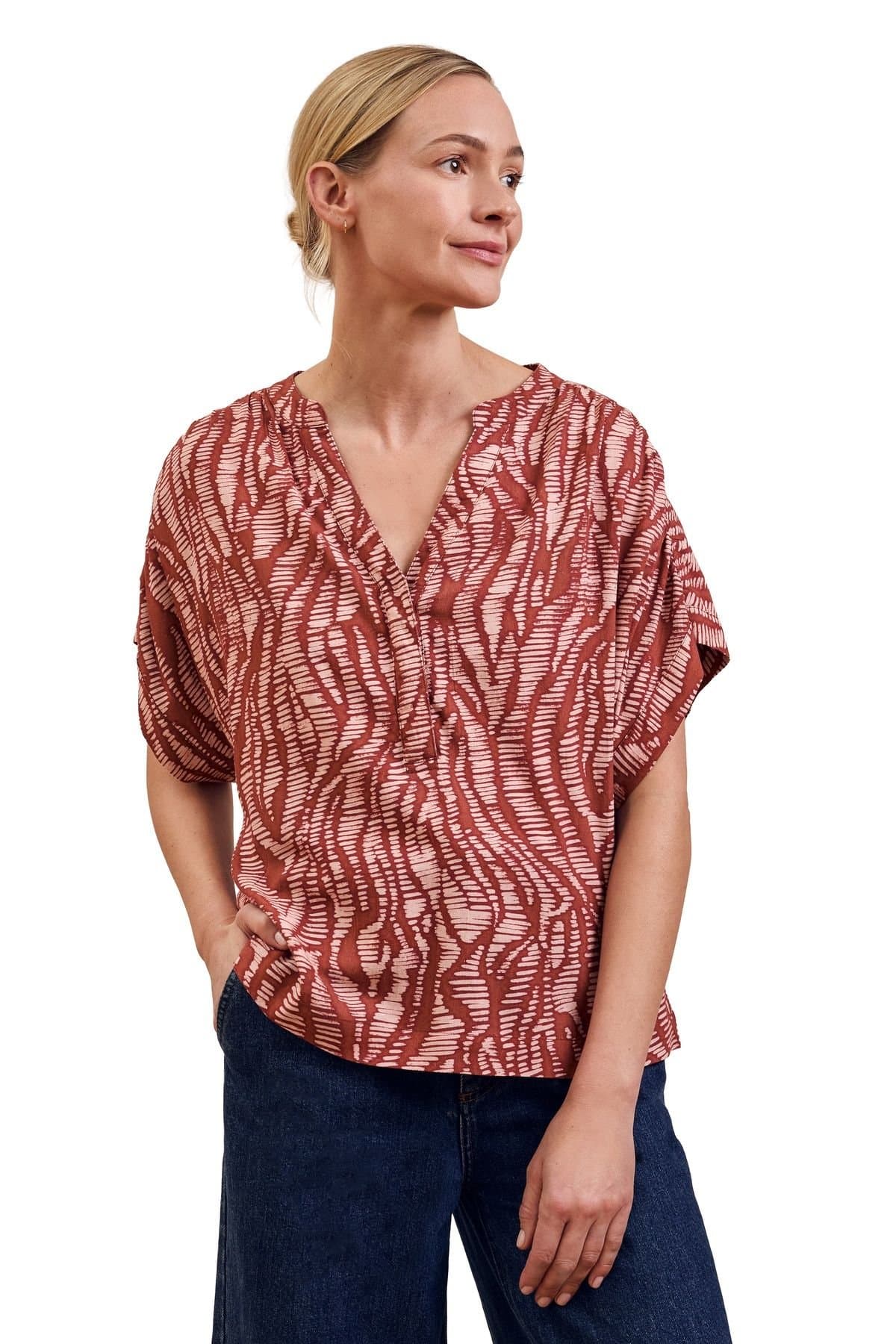 Celtic & Co Celtic & Co Women's Printed Drop Shoulder Top in Dark Red