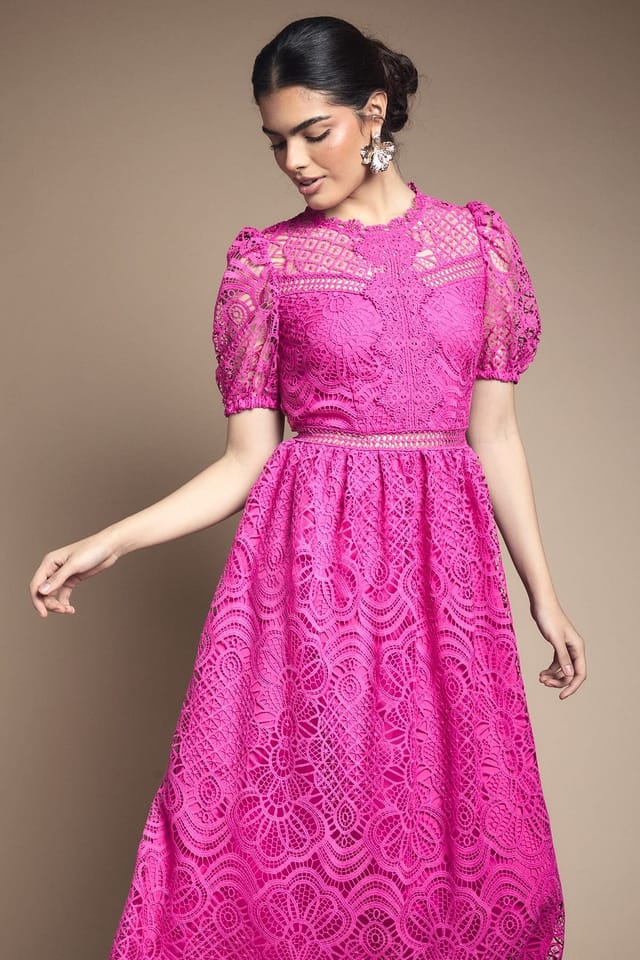Oasis Oasis Women's Lace Puff Sleeve Fit & Flare Midi Dress in Violet - 2