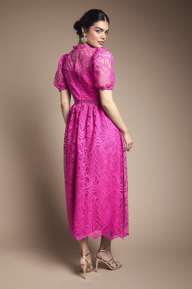 Oasis Oasis Women's Lace Puff Sleeve Fit & Flare Midi Dress in Violet - 3