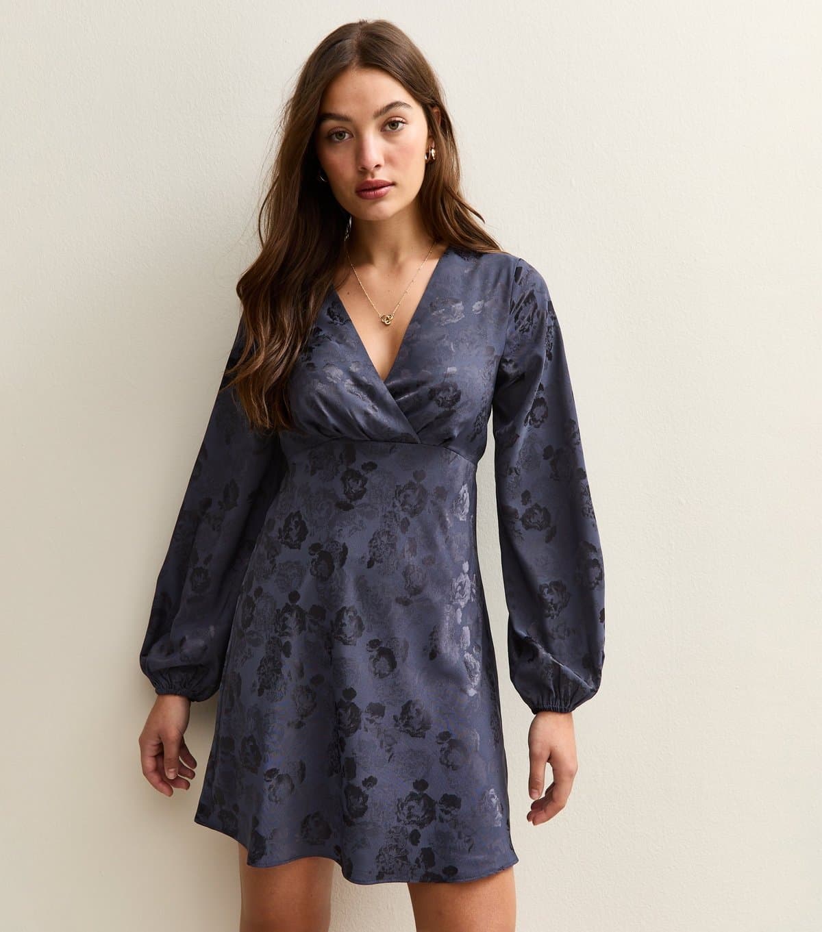 New Look Women's Navy Floral Jacquard V-Neck Mini Dress New Look