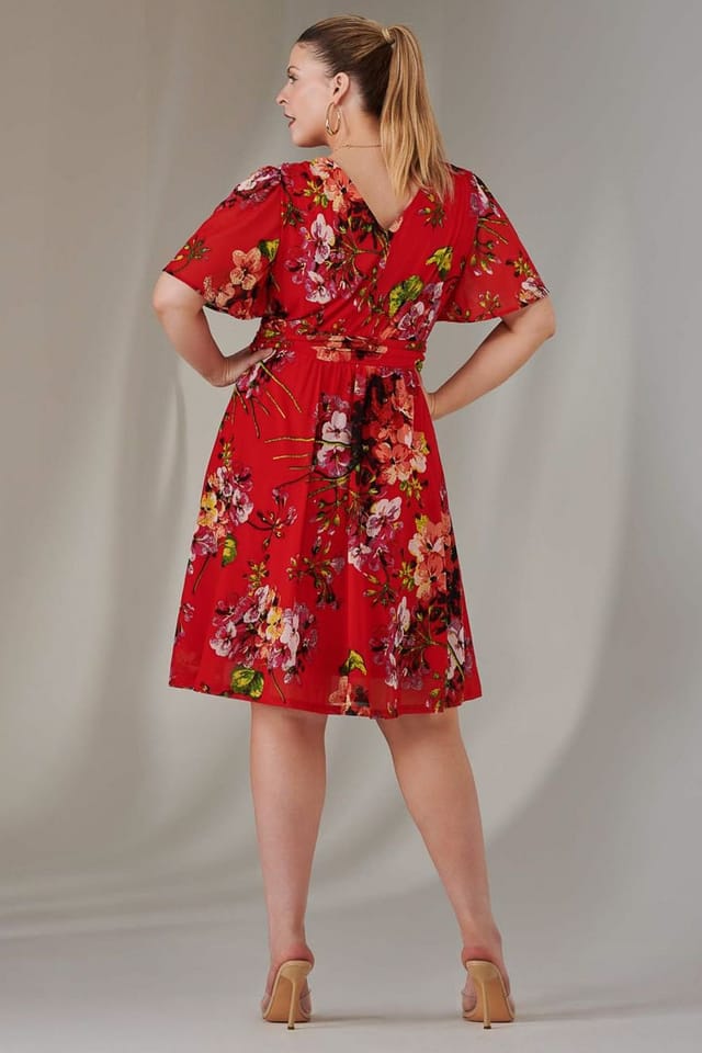 Jolie Moi Jolie Moi Women's Print Mesh Flare Dress in Red - 2