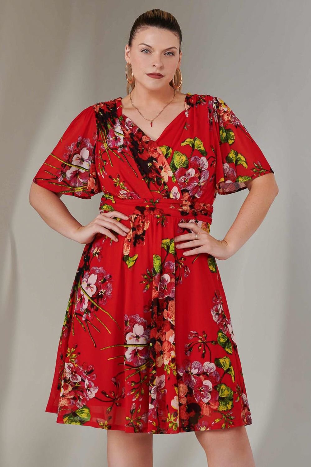 Jolie Moi Jolie Moi Women's Print Mesh Flare Dress in Red - 3