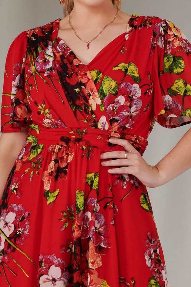 Jolie Moi Jolie Moi Women's Print Mesh Flare Dress in Red - 3