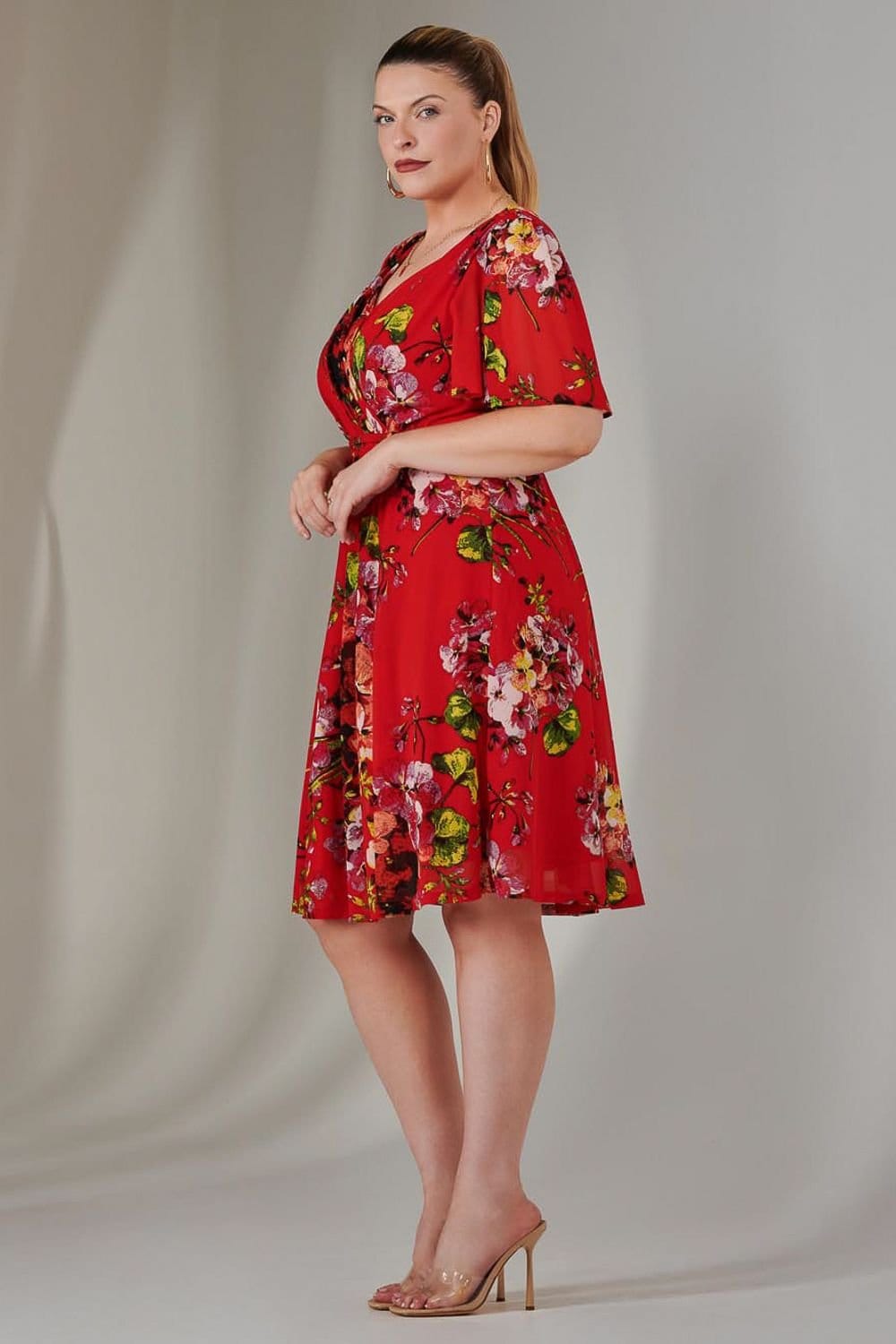 Jolie Moi Jolie Moi Women's Print Mesh Flare Dress in Red - 4