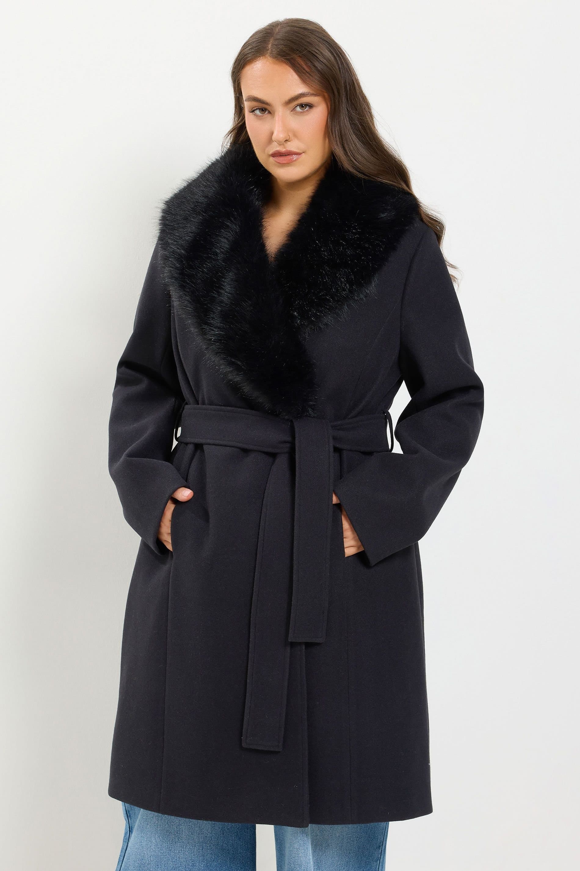Yours Yours Women's Faux Fur Collar Long Line Coat in Black