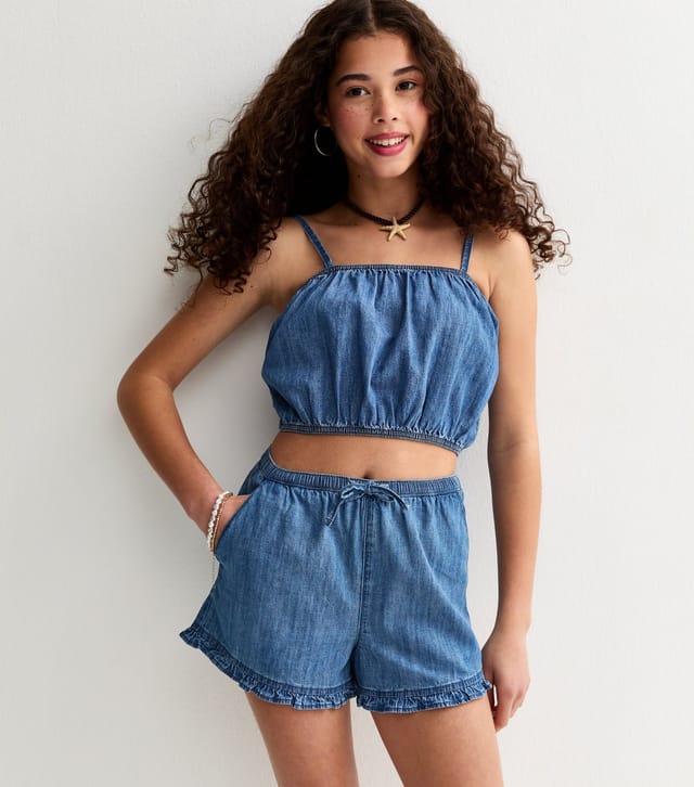 New Look Girls' Blue Chambray Frill Shorts New Look - 3