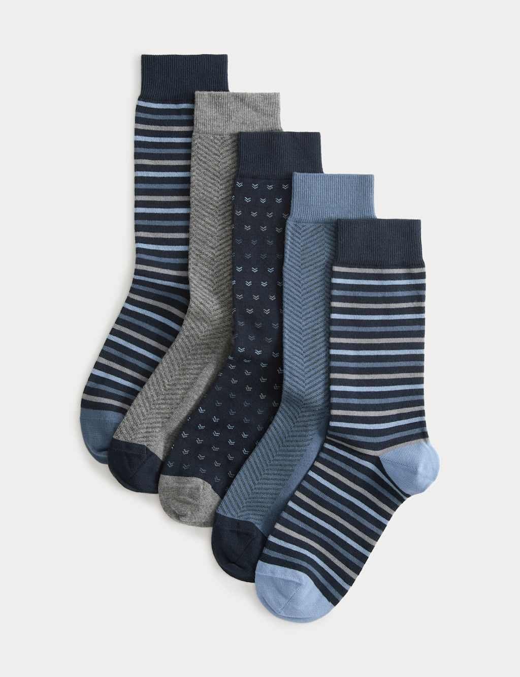 Marks & Spencer M&S 5 Pack Cool & Fresh™ Geo Cotton Rich Socks Blue Mix