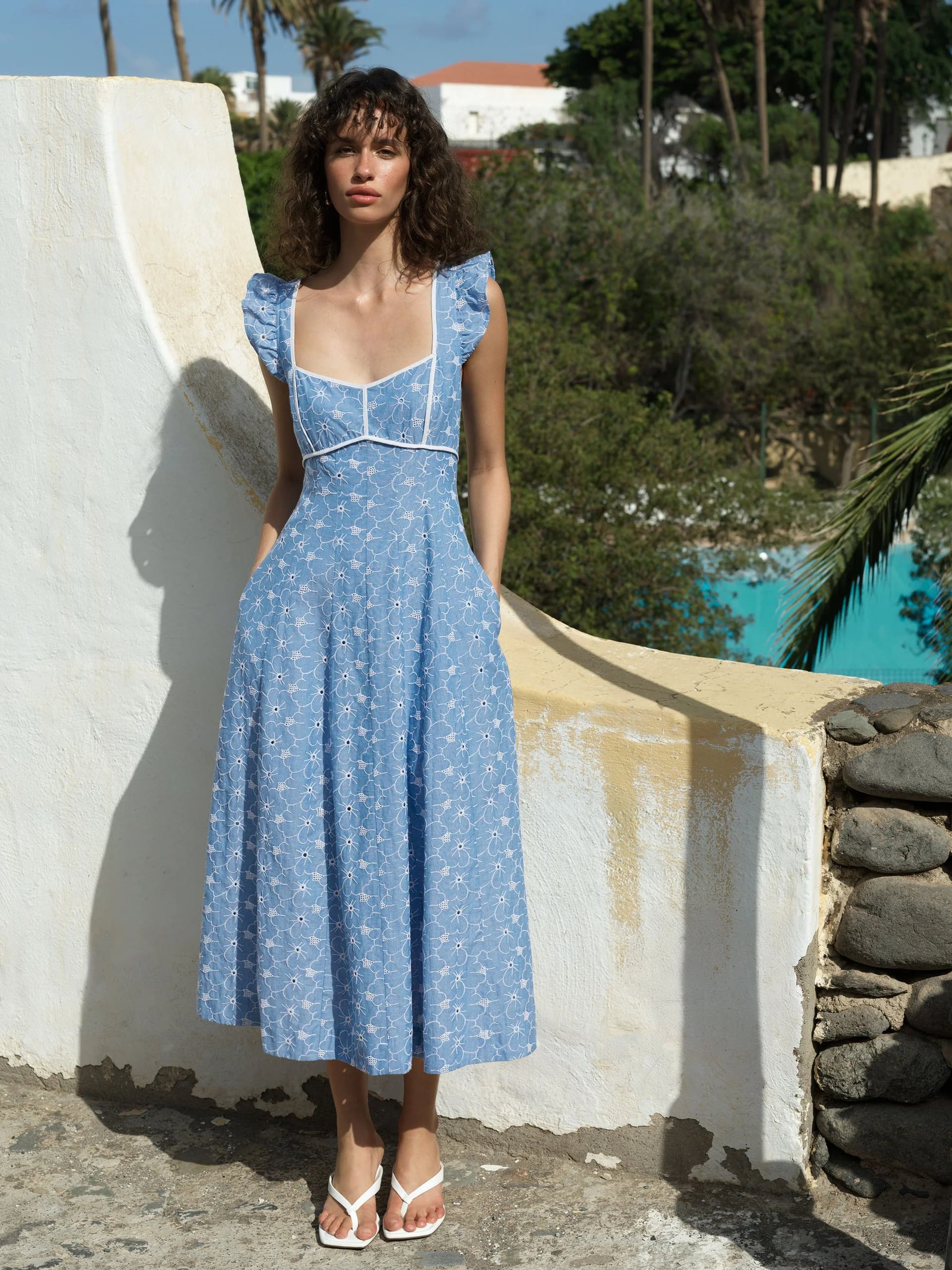 French Connection Tamara Broderie Midi Dress Chambray Blue/White