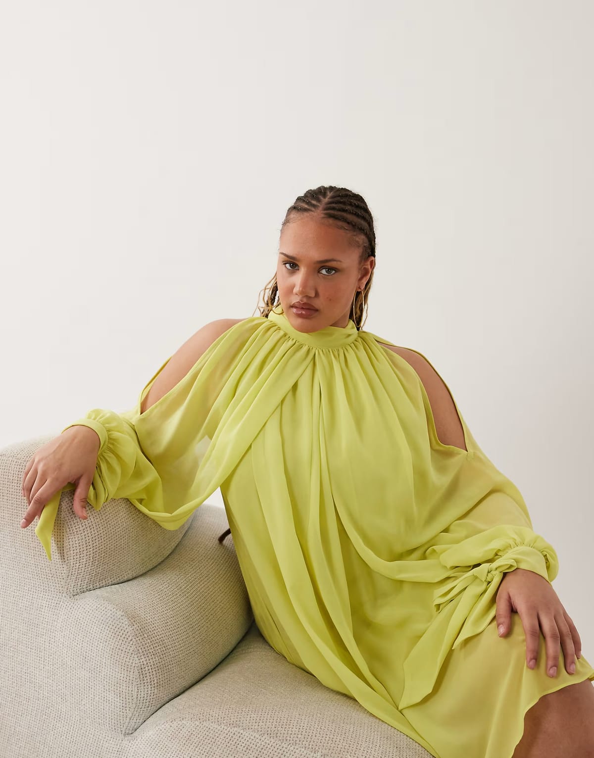 ASOS ASOS DESIGN Curve high neck chiffon mini dress with open sleeve in lime green - 1