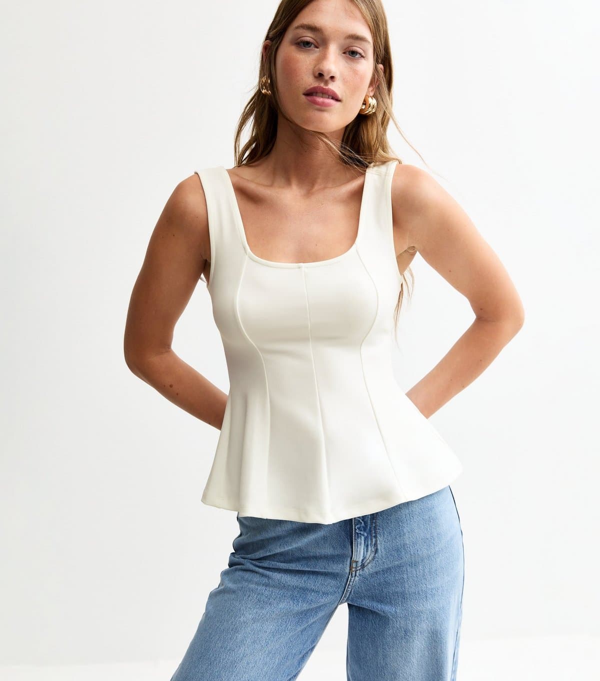 New Look Women's Off White Jersey Peplum Crepe Strappy Top New Look
