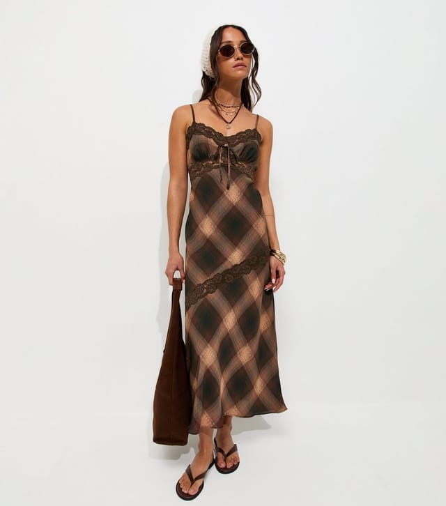 New Look Women's Brown Check Print Lace Trim Strappy Midi Dress New Look - 3