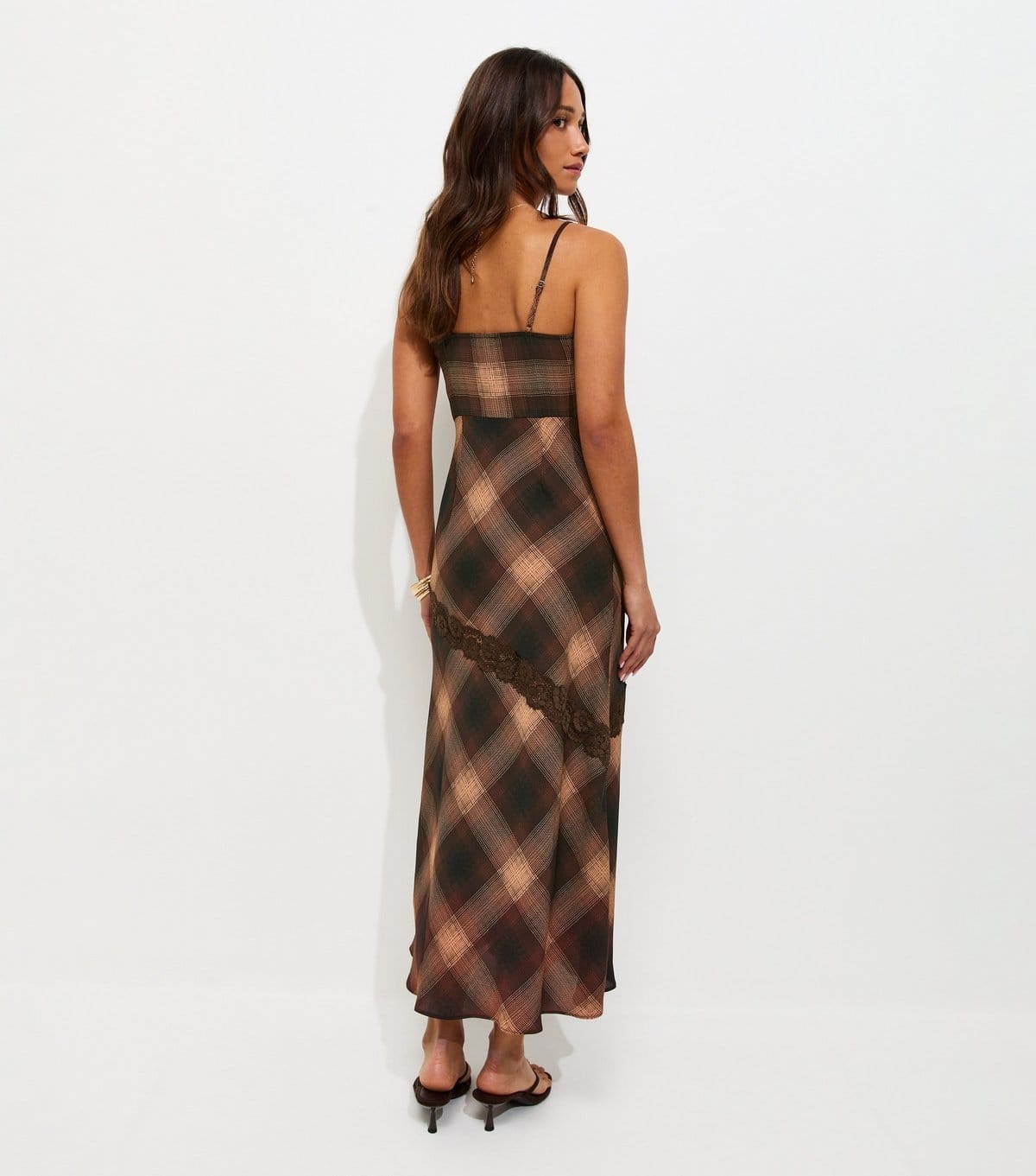 New Look Women's Brown Check Print Lace Trim Strappy Midi Dress New Look - 4