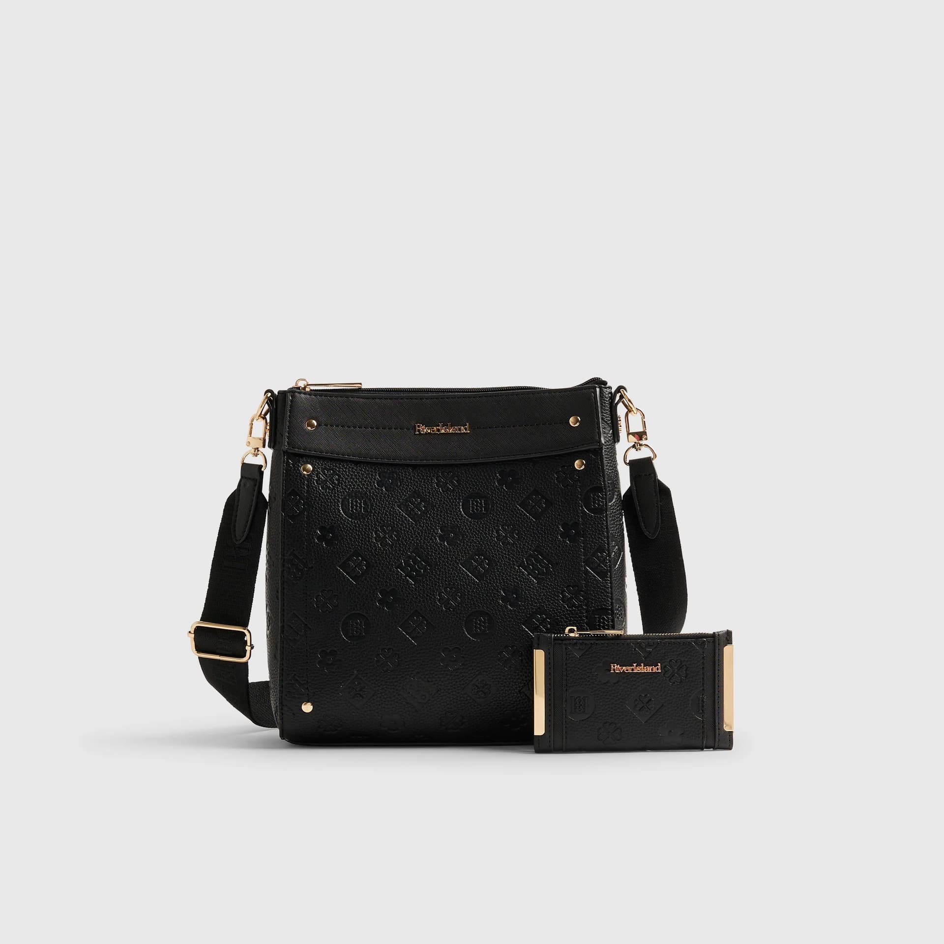 River Island River Island Womens Black Monogram Embossed Messenger Bundle