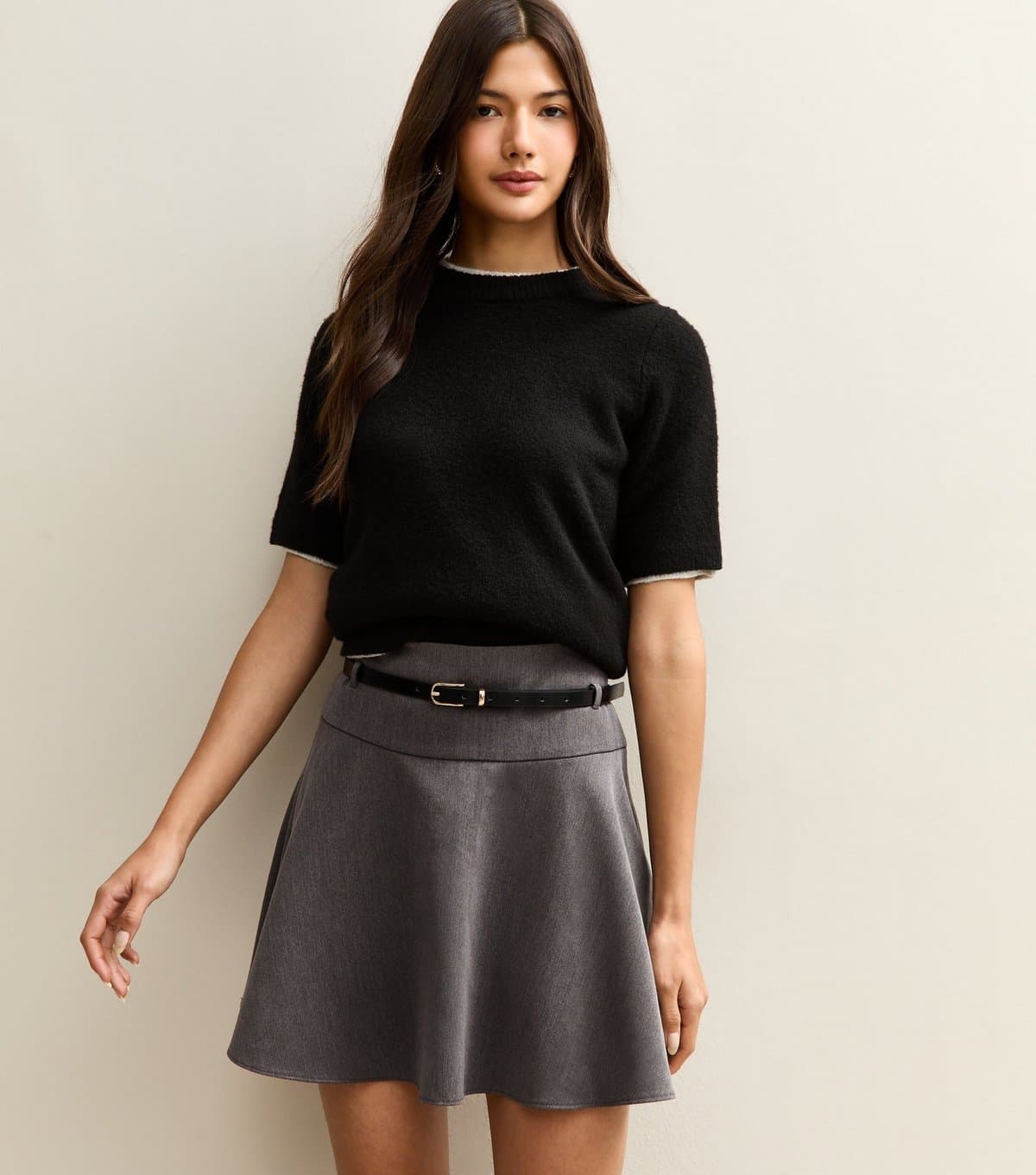 New Look Women's Dark Grey Belted Flippy Mini Skirt New Look