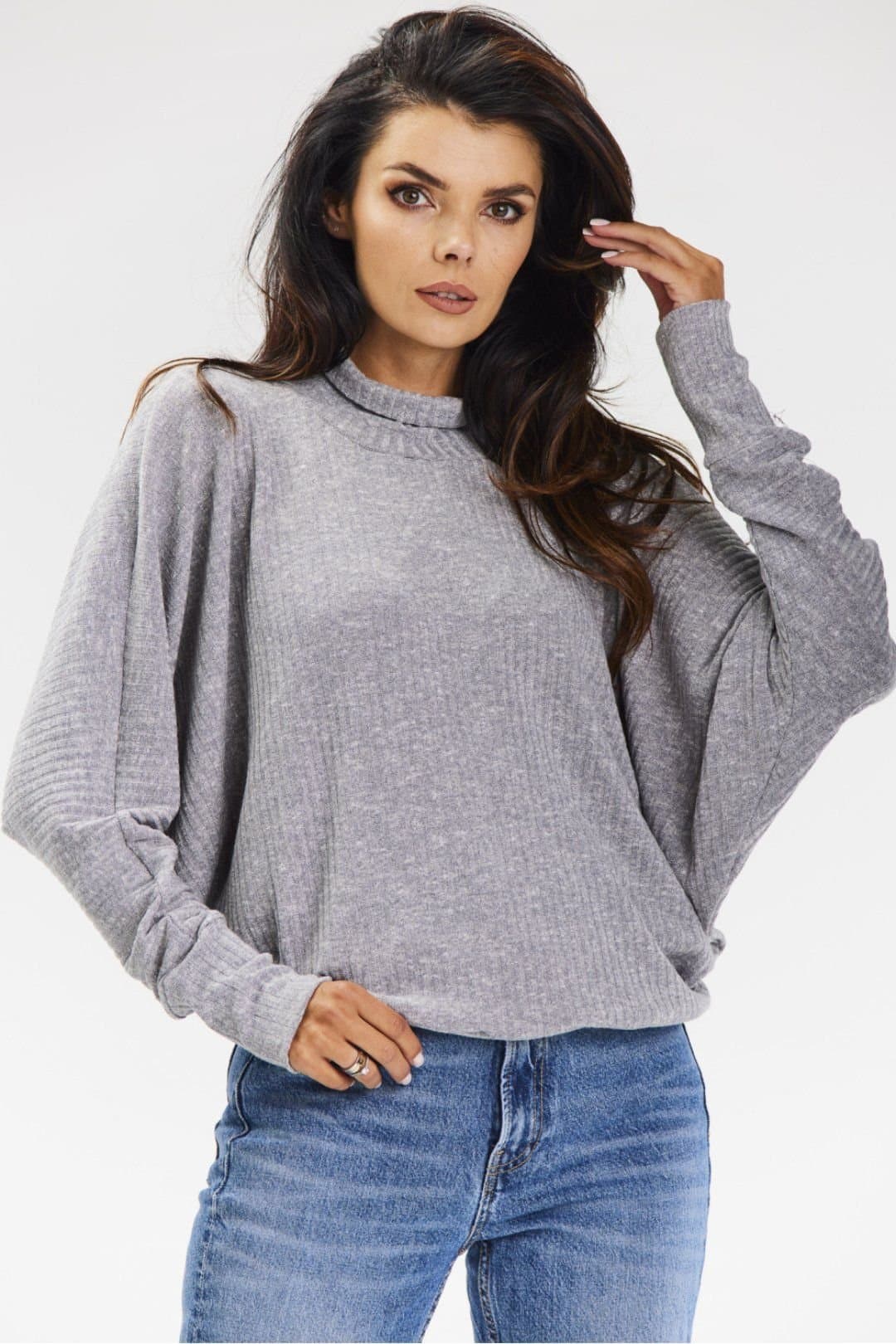 Love Lace Love Lace Women's Ribbed Knit Kimono Turtleneck Sweater in Grey