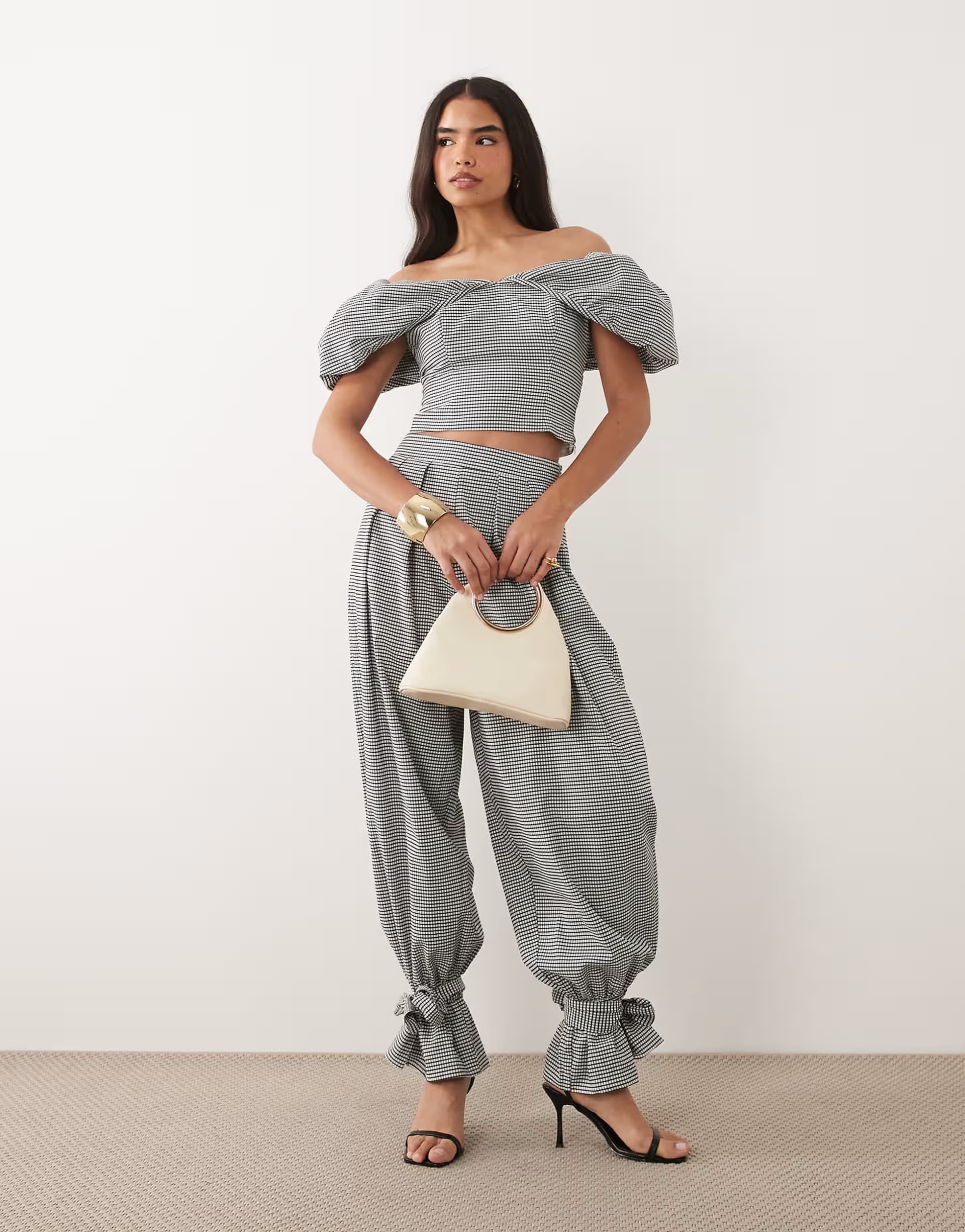 ASOS ASOS LUXE co-ord gingham off the shoulder peplum top and balloon trouser