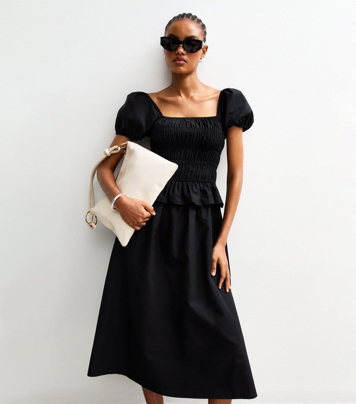 New Look Black Shirred Puff Sleeve Midi Dress