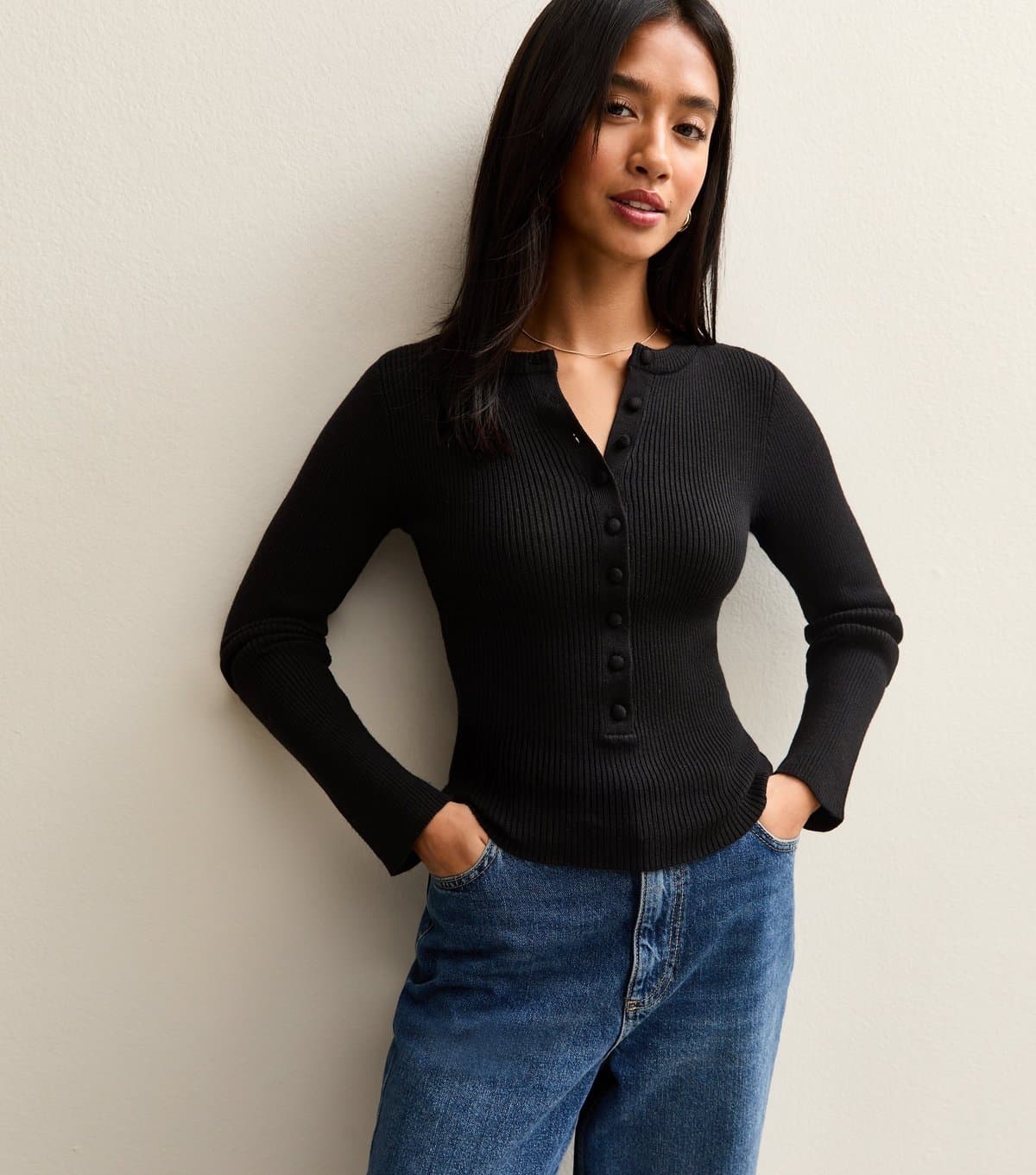 New Look Women's Petite Black Long Sleeve Henley Top New Look