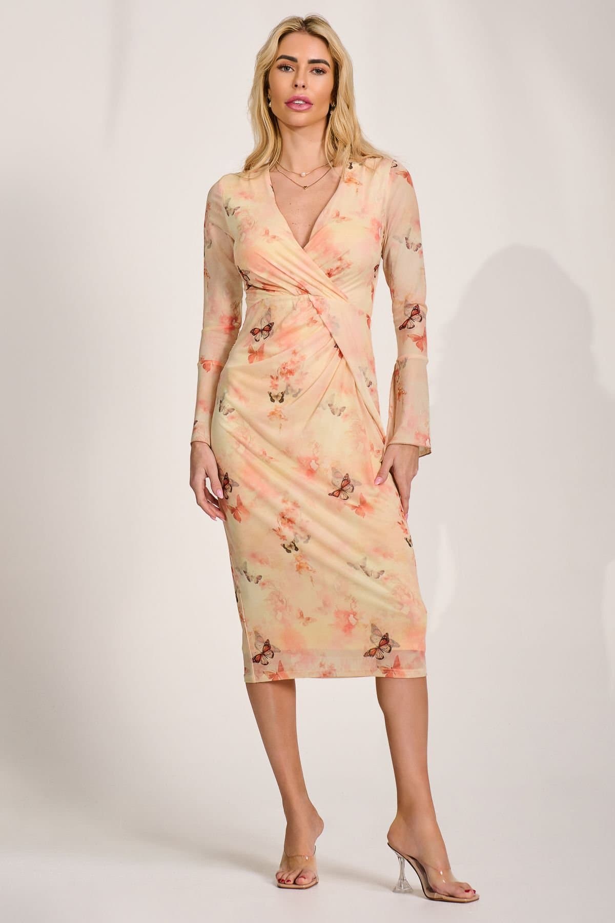 Jolie Moi Jolie Moi Women's Long Sleeve Mesh Bodycon Dress in Medium Beige