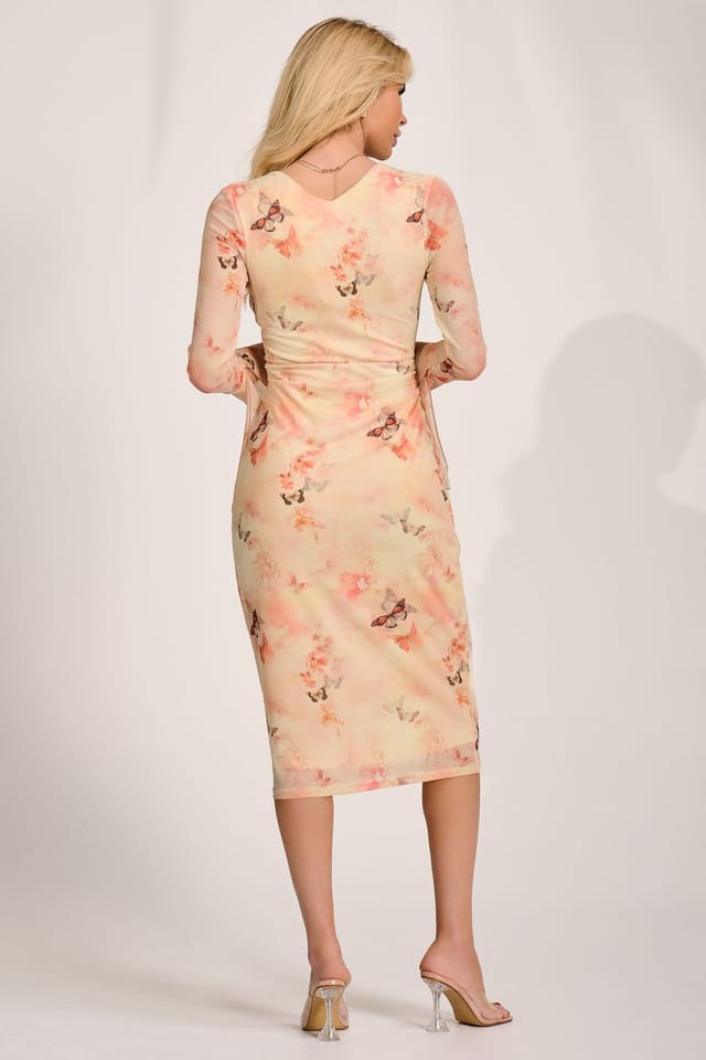 Jolie Moi Jolie Moi Women's Long Sleeve Mesh Bodycon Dress in Medium Beige - 2