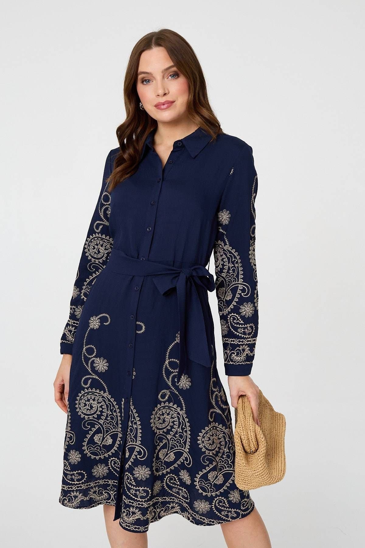 Izabel London Izabel London Women's Embroidered Long Sleeve Shirt Midi Dress in Navy