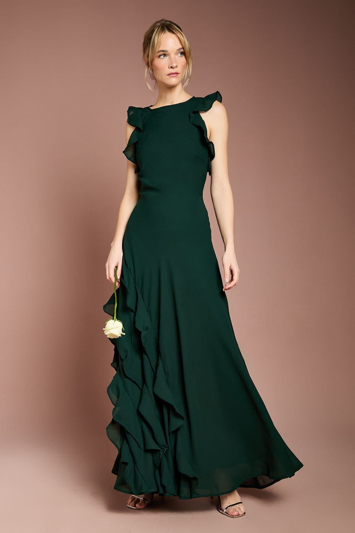 Coast Coast Women's Honoured Ruffle Georgette Maxi Bridesmaid Dress in Emerald