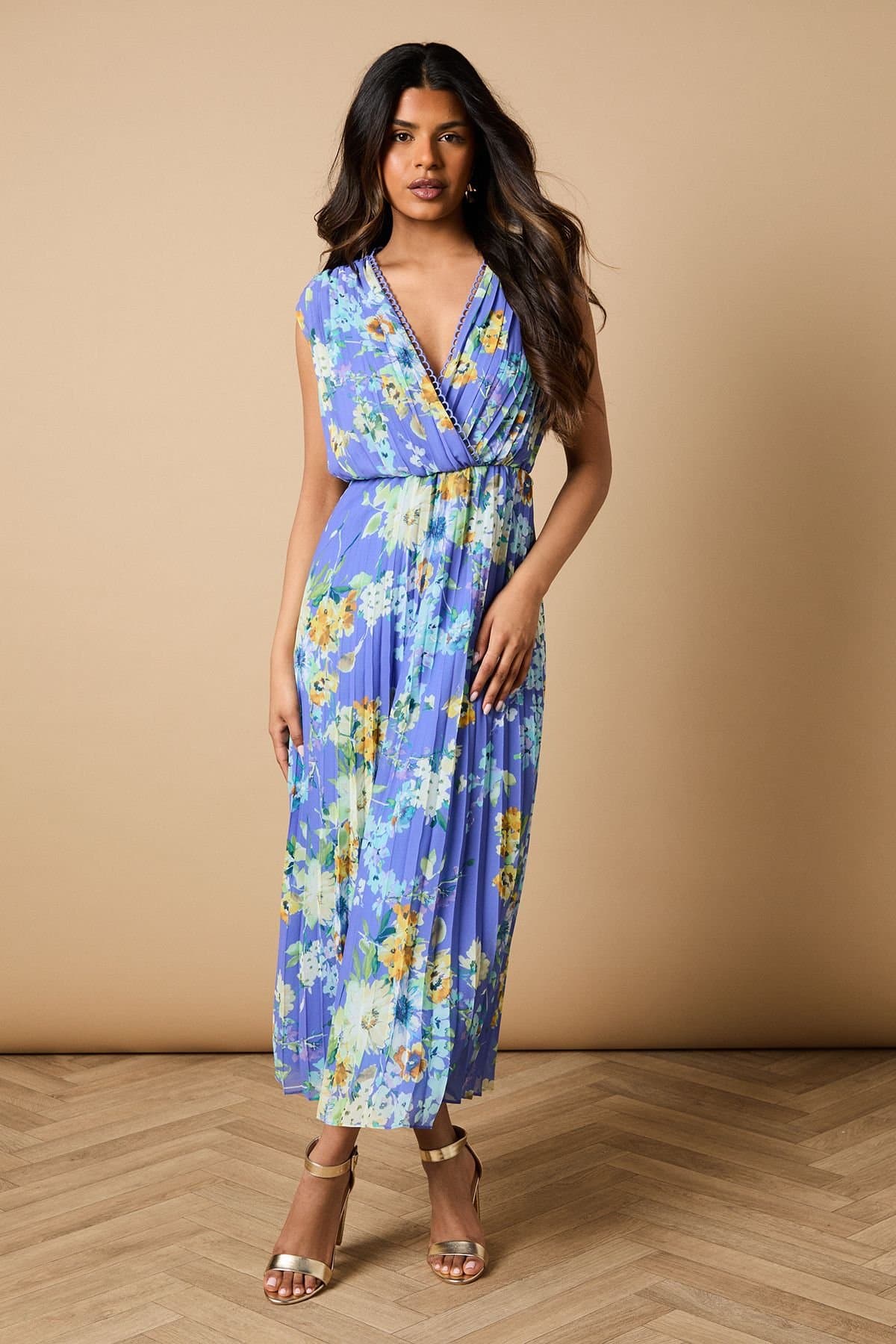 Oasis Oasis Women's Petite Occasion Floral Pleated Wrap Midaxi Dress in Blue