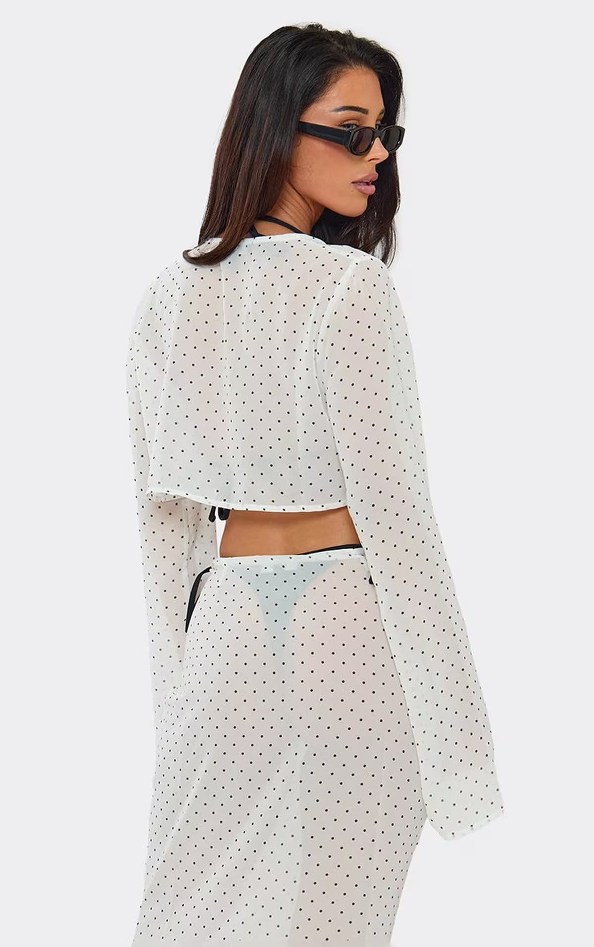 EGO White Polka Dot Chiffon Long Sleeve Cropped Shirt