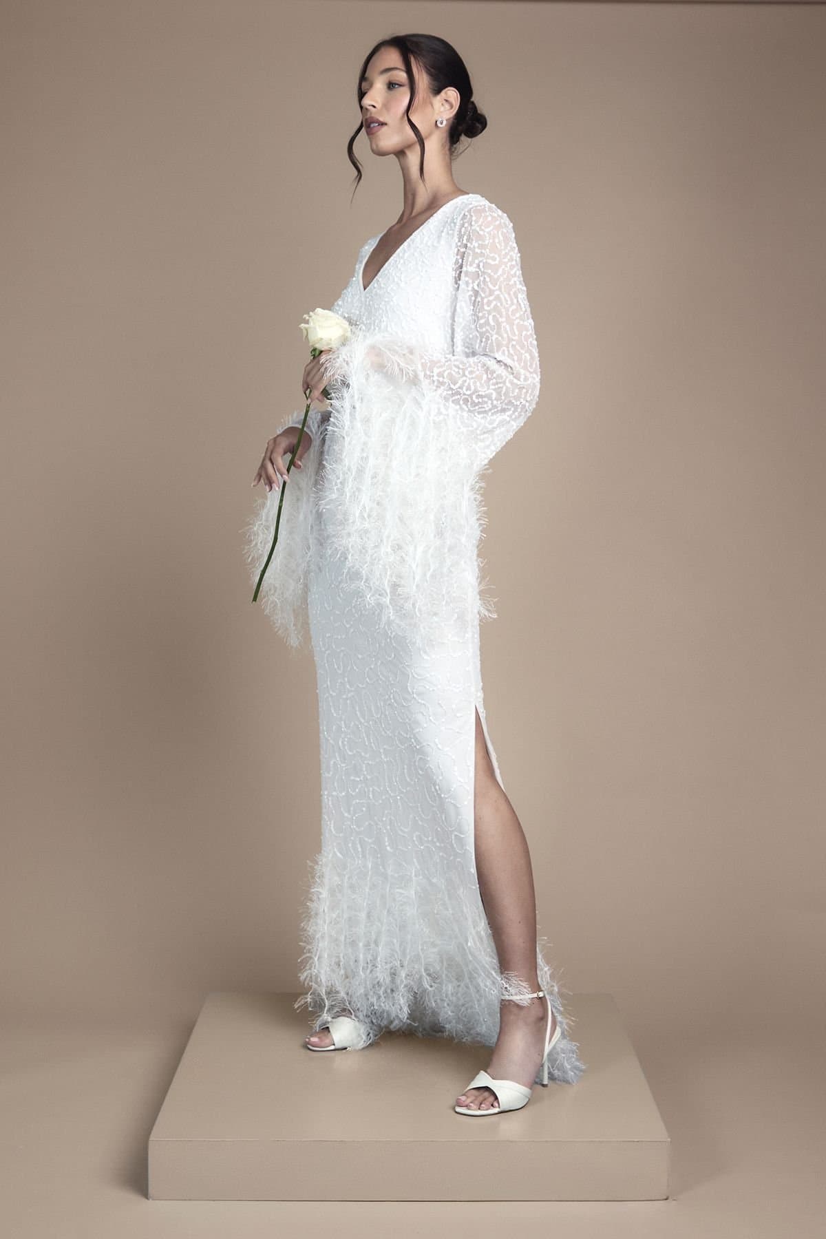 Coast Coast Women's Sequin Embellished Feather Trim Long Sleeve Maxi Wedding Dress in Ivory