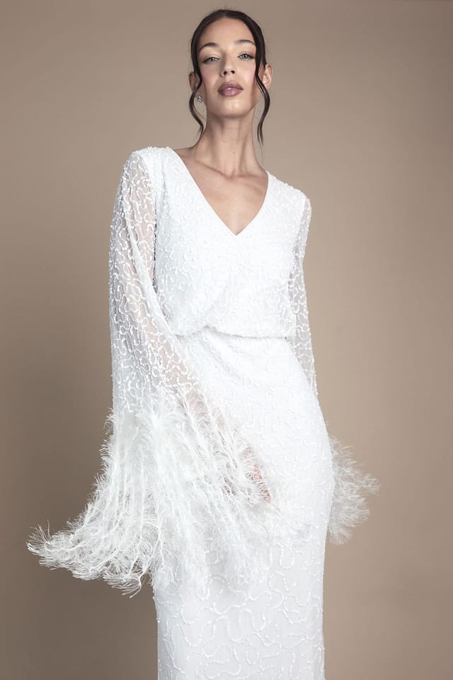 Coast Coast Women's Sequin Embellished Feather Trim Long Sleeve Maxi Wedding Dress in Ivory - 2