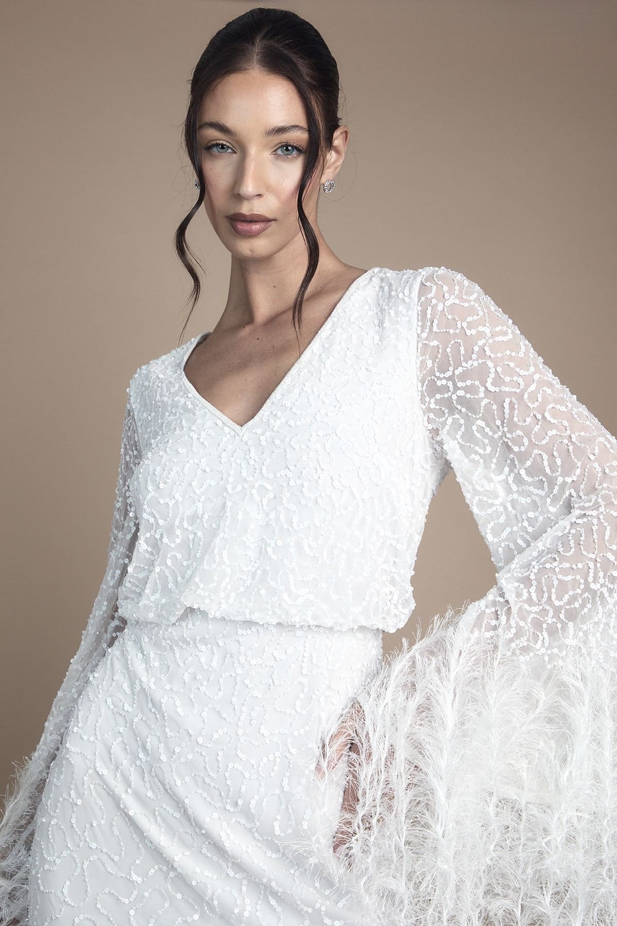 Coast Coast Women's Sequin Embellished Feather Trim Long Sleeve Maxi Wedding Dress in Ivory - 4