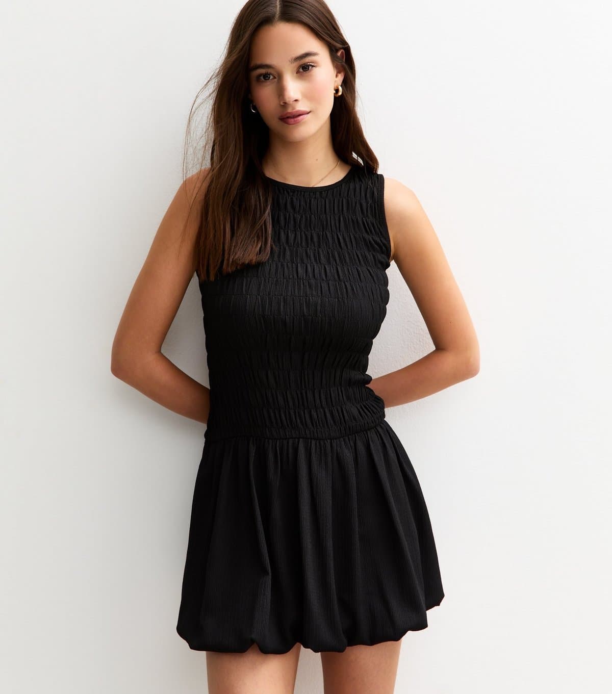 New Look Women's Black Shirred Bodice Puffball Hem Mini Dress New Look