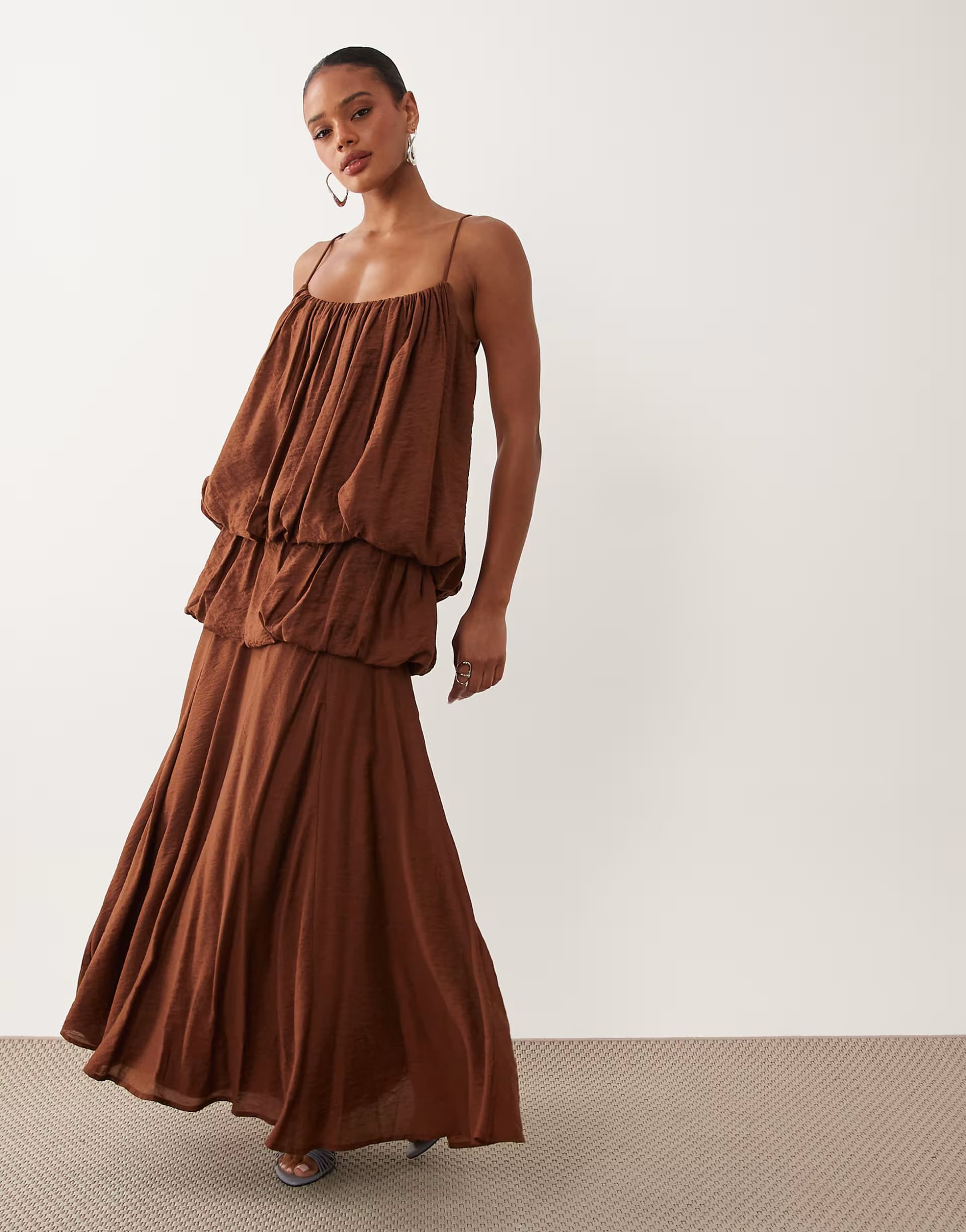 ASOS ASOS DESIGN bubble tiered cami strap maxi dress in brown
